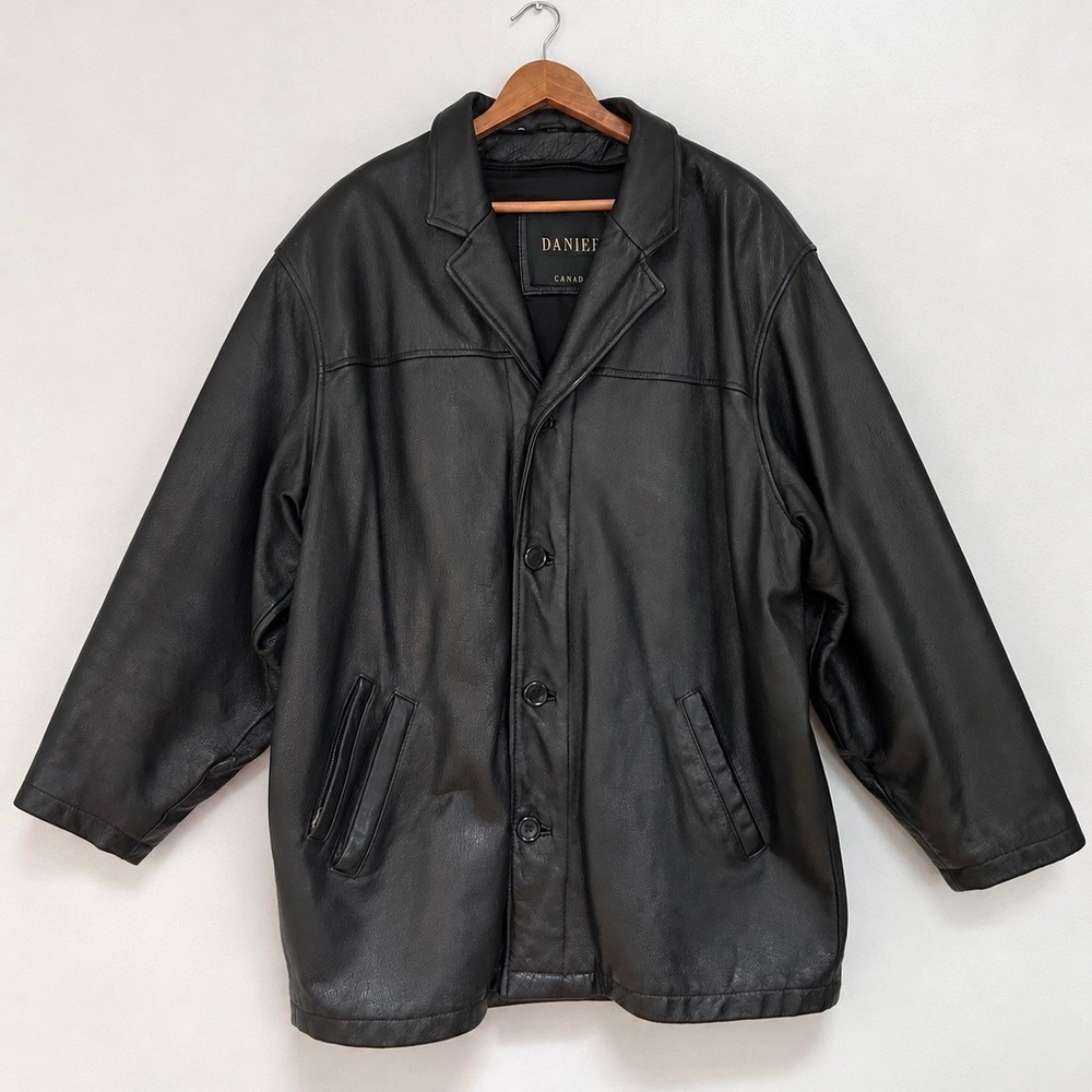 Danier Mens M Black Genuine Leather Car Coat Oversized 90s Style